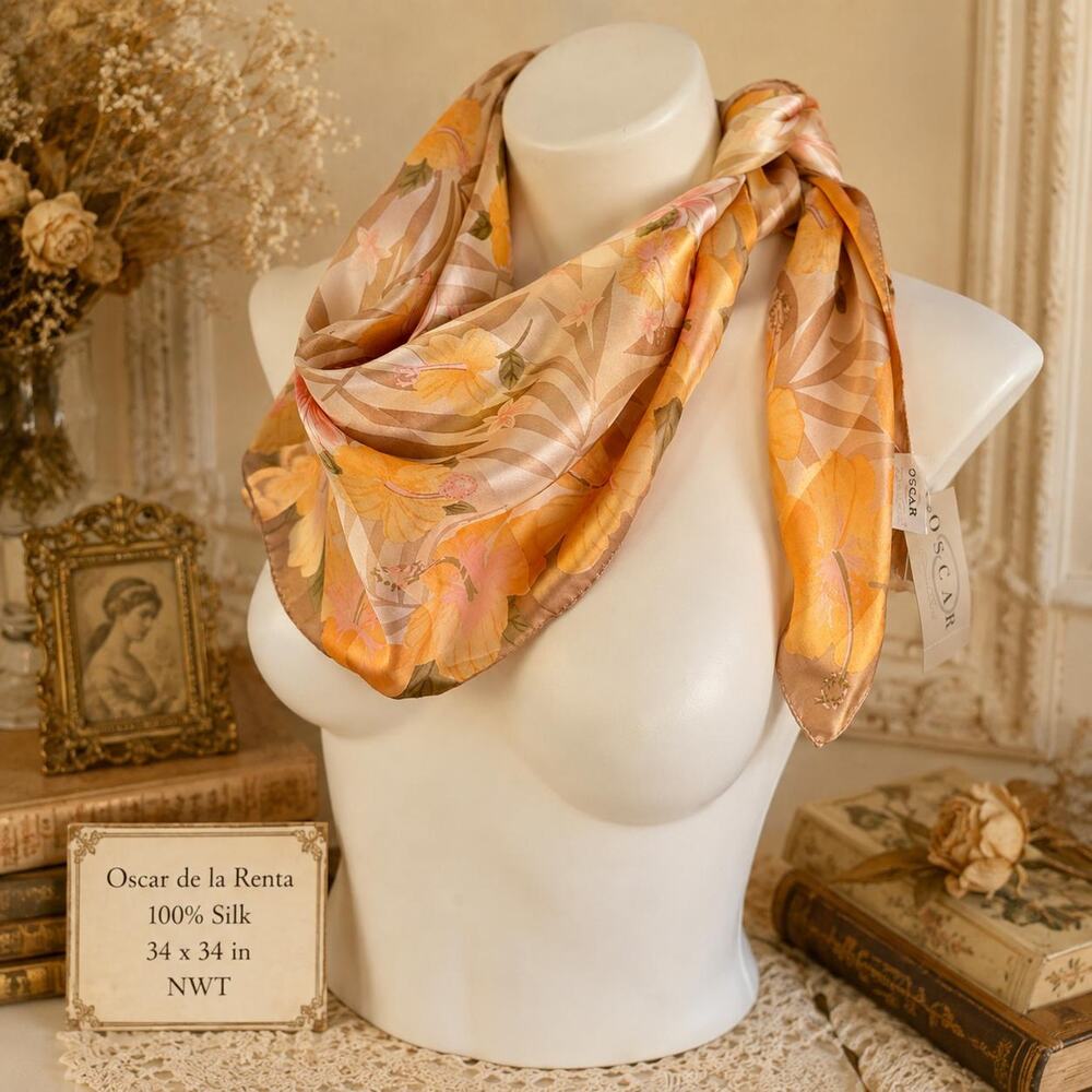 Vintage Oscar de la Renta Silk Hibiscus Floral Scarf 1990s Peach Gold NWT 34in